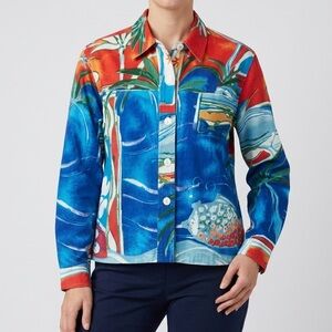 Papa Tropical Fish Embellished Button Women’s Shirt Jacket Size S Multicolor